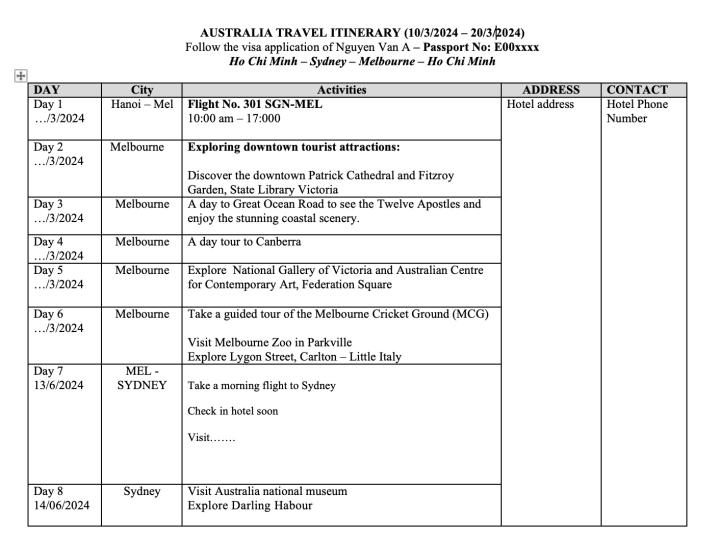 MẪU LỊCH TRÌNH XIN VISA DU LỊCH ÚC CHUẨN